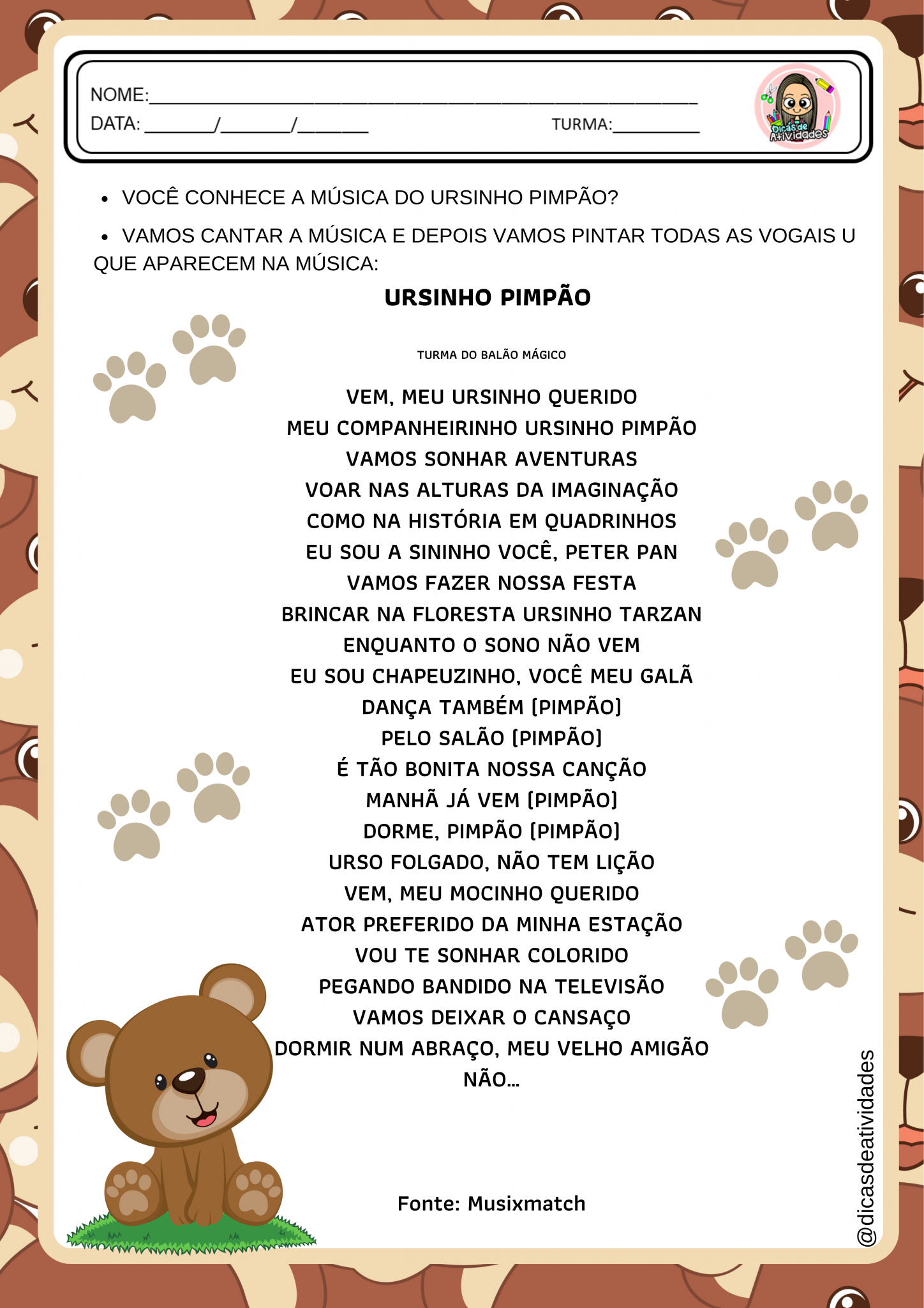 SEQUÊNCIA DE ATIVIDADES O URSO – Dicas de Atividades