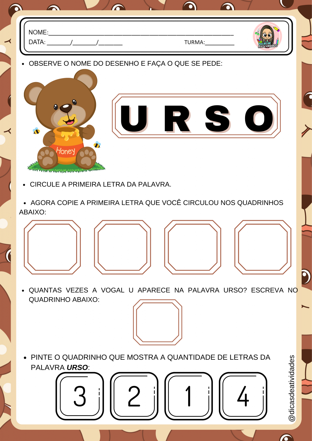 SEQUÊNCIA DE ATIVIDADES O URSO – Dicas de Atividades